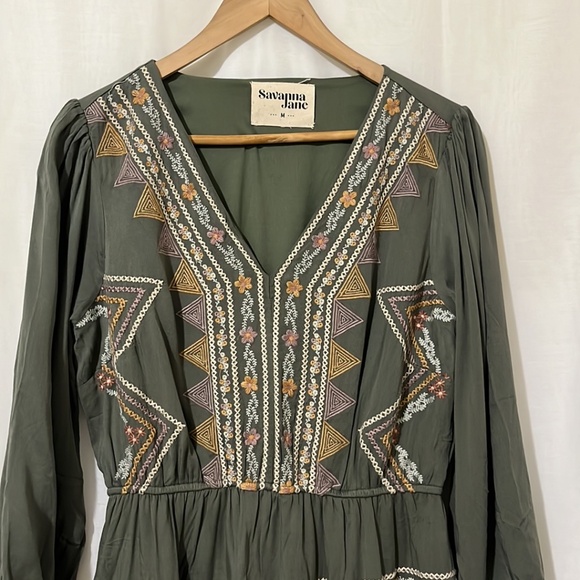 Savannah Jane Green Boho Long Sleeve Dress a274 - Picture 2 of 5